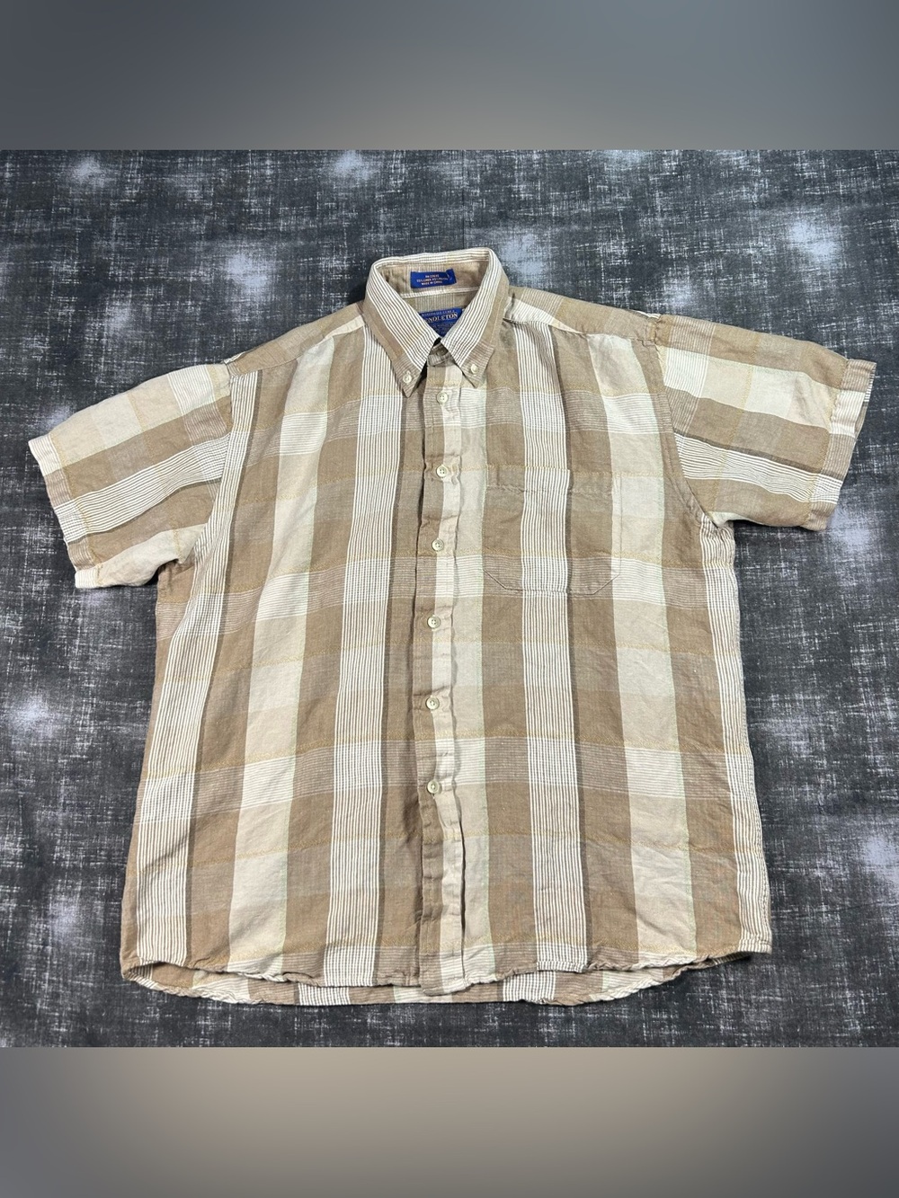 Pendleton Polo Mens Medium Brown/Cream Plaid Linen Blend Retro Button Down Shirt